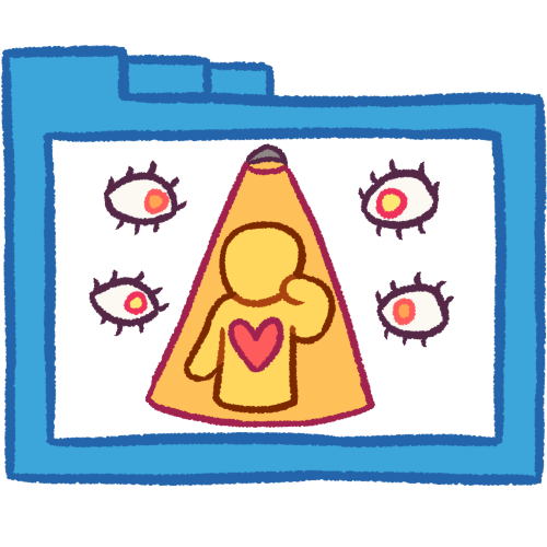 A hollow blue folder with thick lineart. It contains an emoji yellow person under a spotlight, holding their hand by their face, with a pink heart on their chest. There are two floating eyes to either side of them, all looking at them.